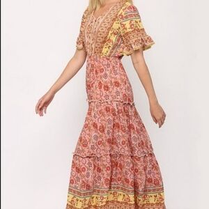 Gigio USA Women's Tiered Boho Maxi Short Sleeve Floral Peasant Summer Dress S